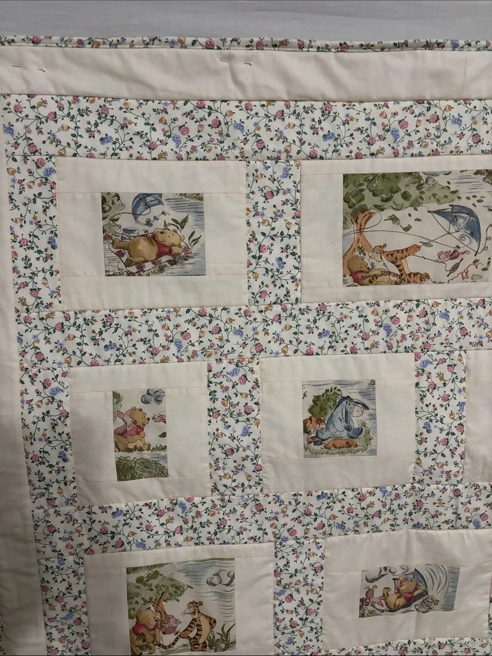 Cream Floral Baby Quilt with Winnie the Pooh characters